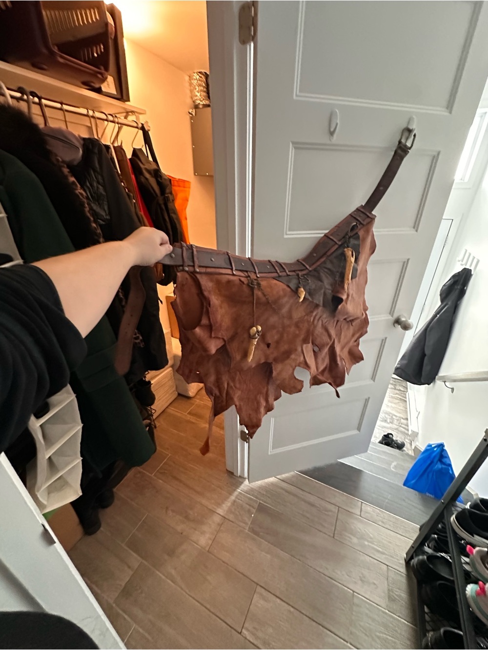 Brown Distressed Leather Waist Apron Skirt Kilt with Bones Charm Details - Picture 8 of 8